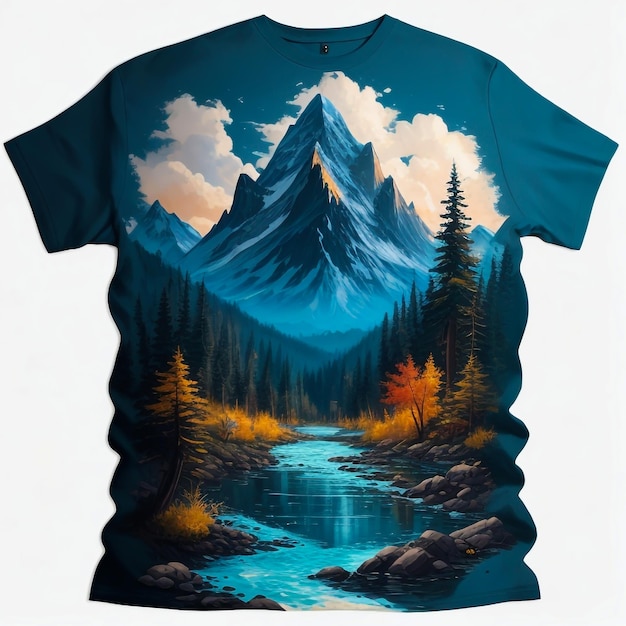 schilderij van een berg met bomen en water gedrukt op een t-shirt
