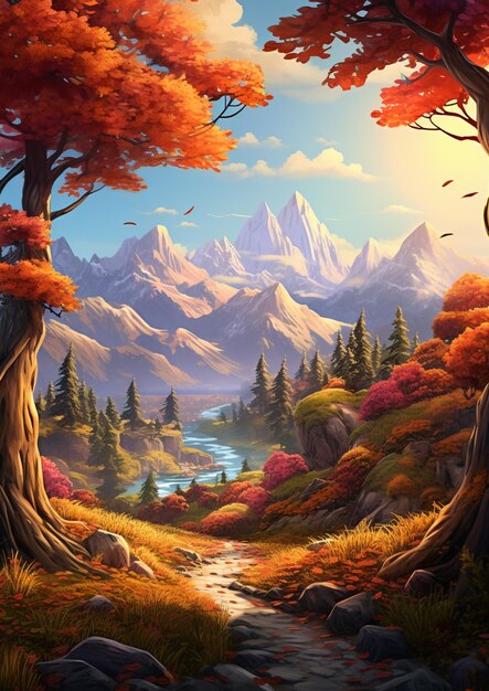 Schilderij van een berglandschap met een beek en bomen generatieve ai