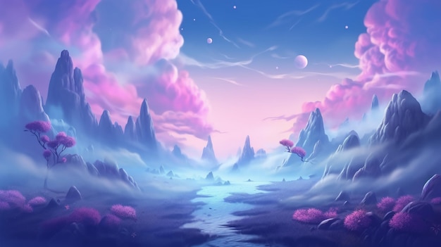 Schilderij van een berglandschap met een rivier en een roze hemel generatieve ai