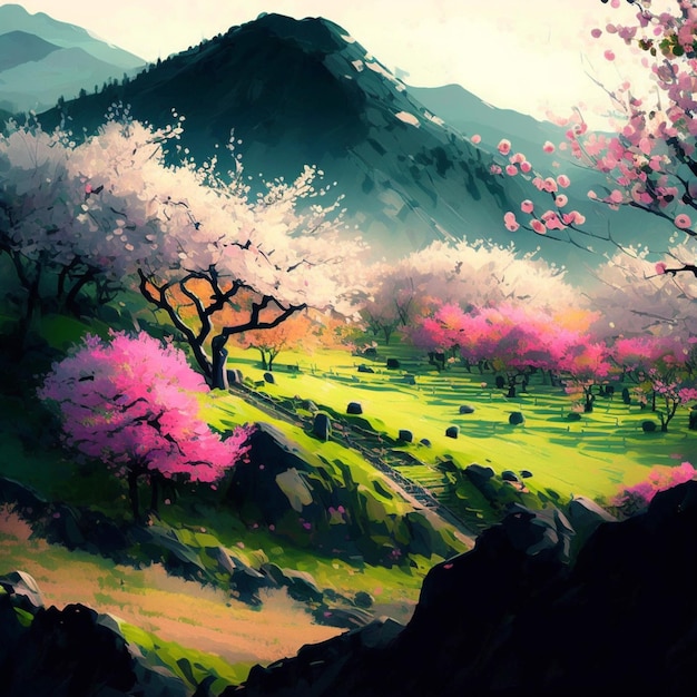schilderij van een berglandschap met een vallei en bomen generatieve ai