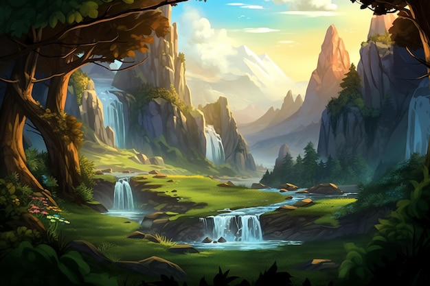 Schilderij van een berglandschap met een waterval en een bos generatieve ai