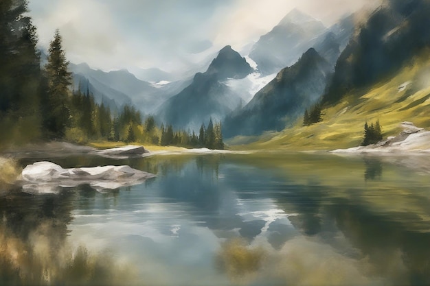 schilderij van een bergmeer met een berg op de achtergrond