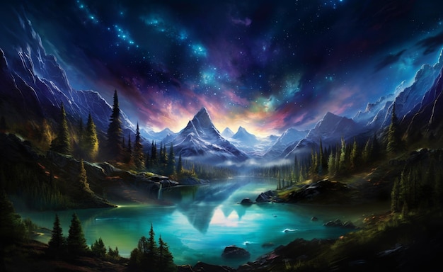 schilderij van een bergmeer met een bergketen op de achtergrond generatieve ai