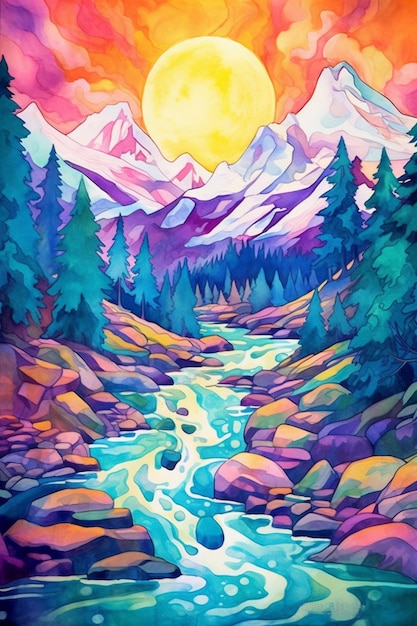 schilderij van een bergrivier met een zonsondergang op de achtergrond generatieve ai
