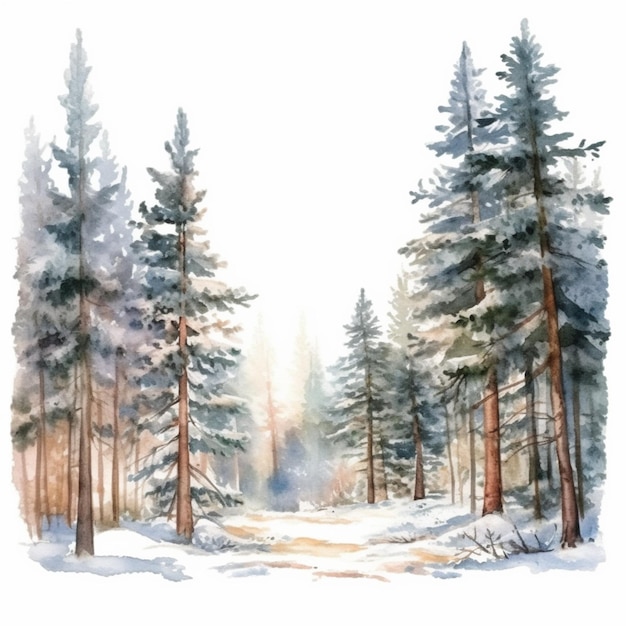 Foto schilderij van een besneeuwd bos met een pad in het midden generatieve ai