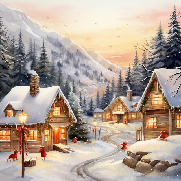 Schilderij van een besneeuwd dorp met een kerstboom en een generatieve ai in de bergen