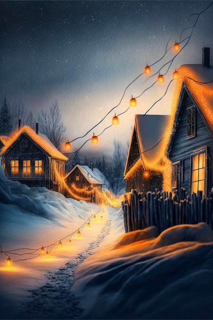 Schilderij van een besneeuwd dorp 's nachts generatieve ai