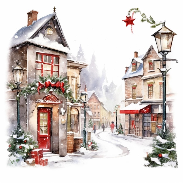 schilderij van een besneeuwd straatbeeld met een rode deur en een kerstboom generatieve ai