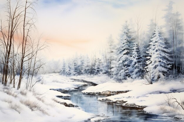 schilderij van een besneeuwde rivier met bomen en sneeuw op de oever generatieve ai