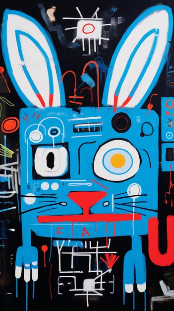schilderij van een blauw konijn met een rode neus en oren generatieve ai