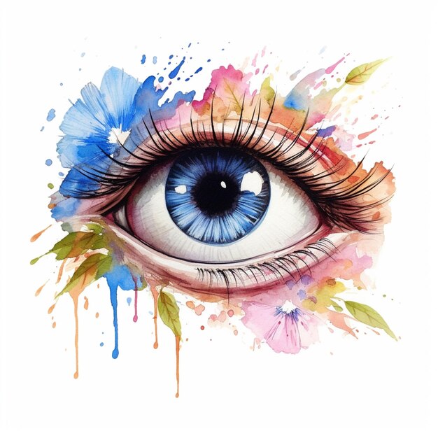 Foto schilderij van een blauw oog met aquarel splashes en bladeren generatieve ai