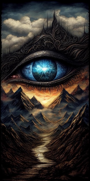 Schilderij van een blauw oog met generatieve ai met uitzicht op de bergen