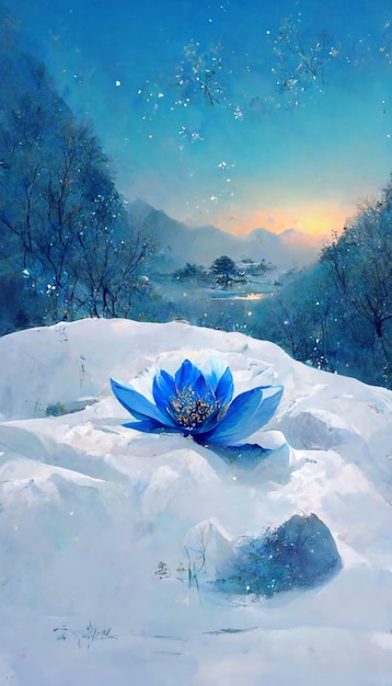 Schilderij van een blauwe bloem in de sneeuw generatieve ai