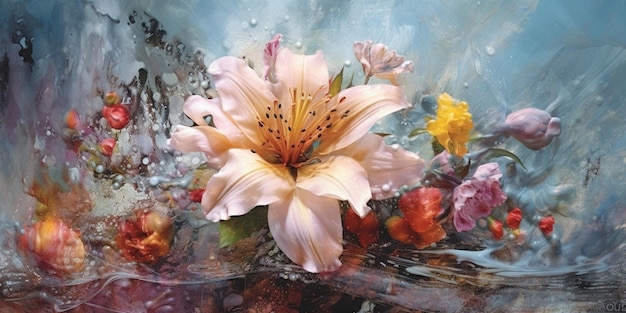 schilderij van een bloemstuk met water en bloemen in een vaas generatieve ai