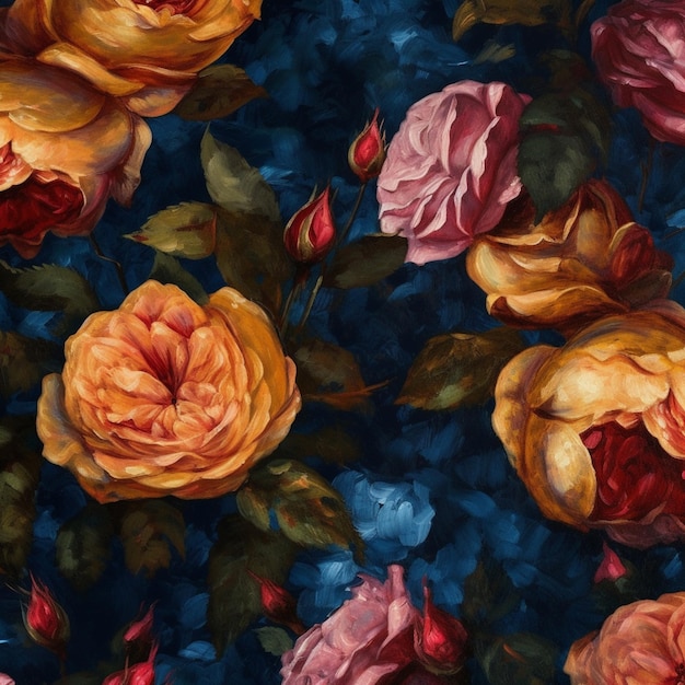 schilderij van een boeket rozen op een blauwe achtergrond generatieve ai
