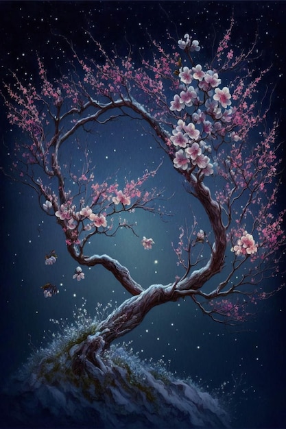 Schilderij van een boom met roze bloemen generatieve ai
