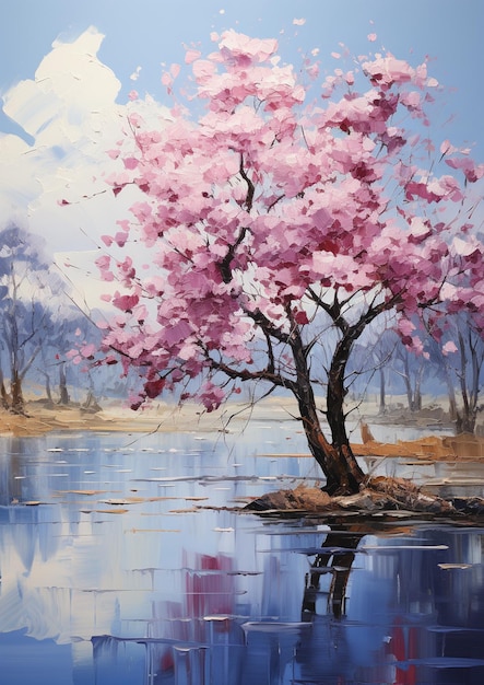Schilderij van een boom met roze bloemen in een meer generatieve ai