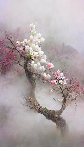 Schilderij van een boom met roze en witte bloemen generatieve ai