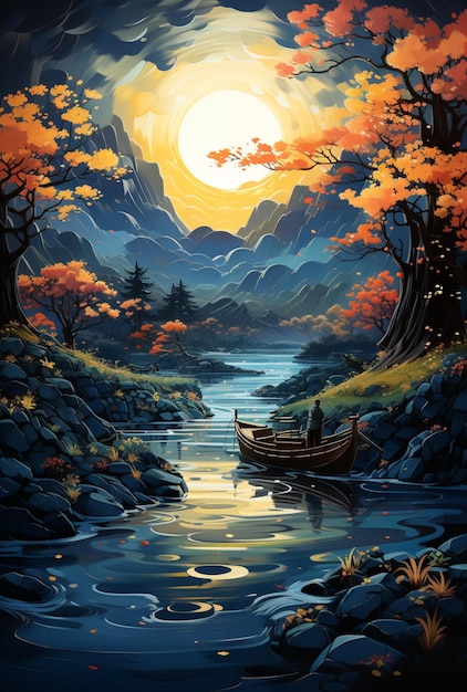 Schilderij van een boot op een rivier met een volle maan op de achtergrond generatieve ai