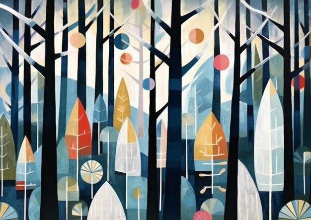 schilderij van een bos met bomen en boten erin generatieve ai