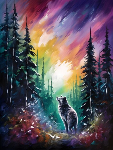 schilderij van een boslandschap met een majestueuze grijze wolf