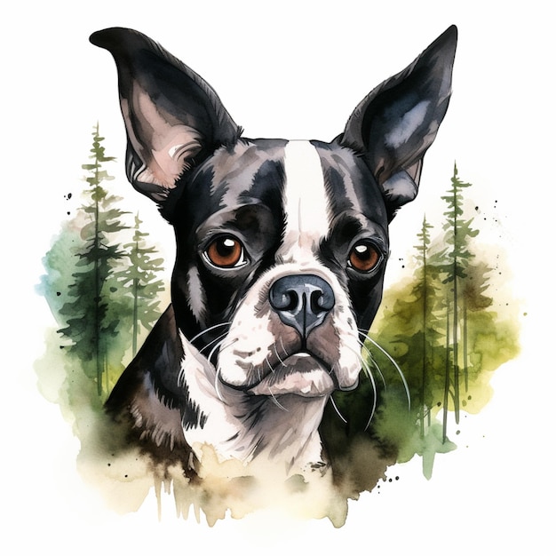 Foto schilderij van een boston terrier hond met een bos achtergrond generatieve ai