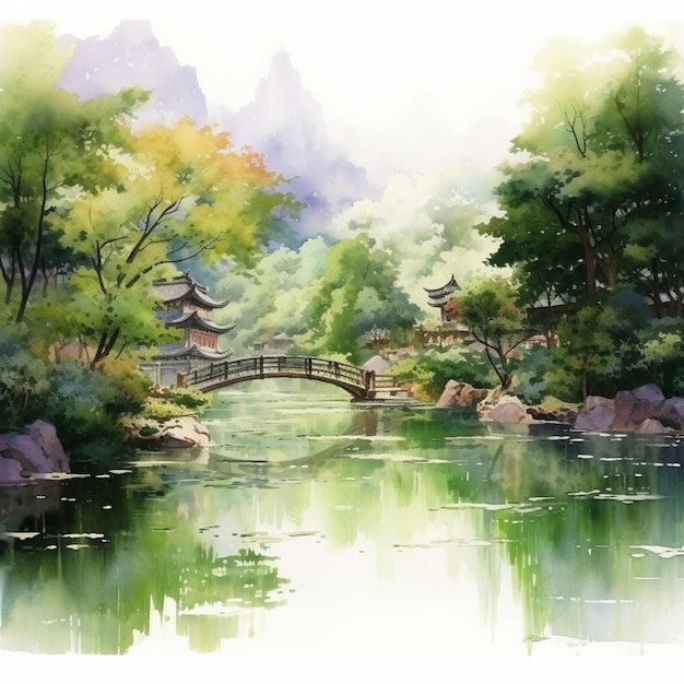 schilderij van een brug over een rivier met een pagode op de achtergrond generatieve ai