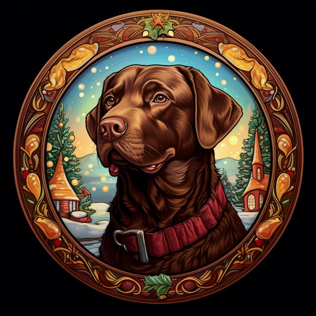 schilderij van een bruine hond met een rode kraag en een kerstboom generatieve ai