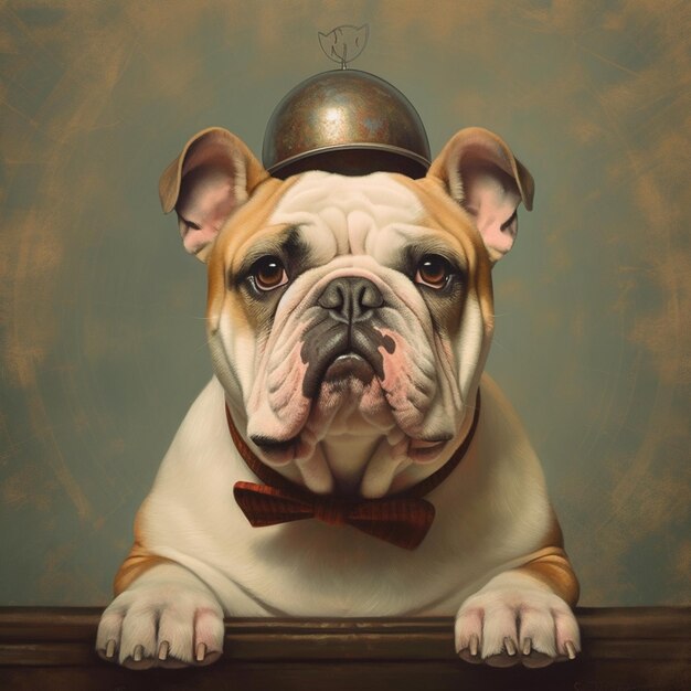 Foto schilderij van een bulldog die een helm en vlinderband draagt generatieve ai