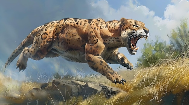 Schilderij van een cheetah die springt in de stijl van Paleocore