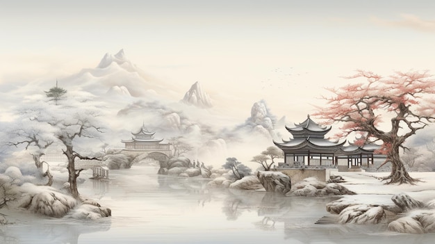 Schilderij van een chinees landschap met een pagode en een rivier generatieve ai
