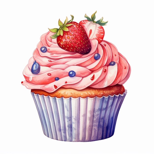 schilderij van een cupcake met een aardbeien bovenop en bosbessen bovenop generatieve ai