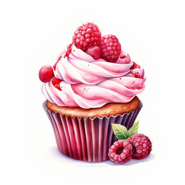 schilderij van een cupcake met frambozen en room bovenop generatieve ai