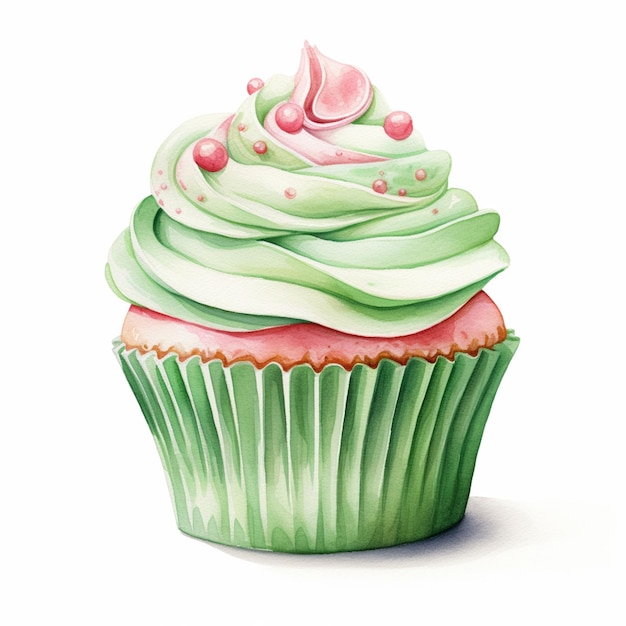 schilderij van een cupcake met groen glazuur en roze hagelslag generatieve ai