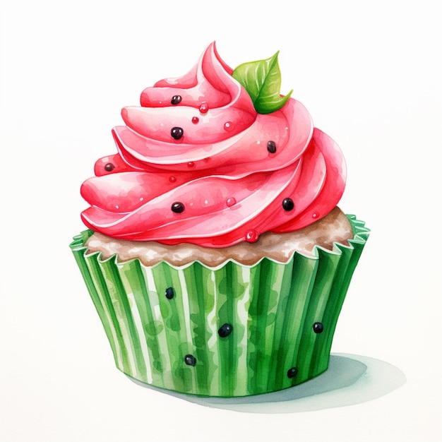 schilderij van een cupcake met roze glazuur en groene bladeren generatieve ai