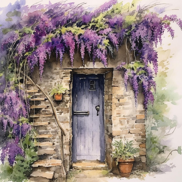 schilderij van een deur en een planter met paarse bloemen generatieve ai