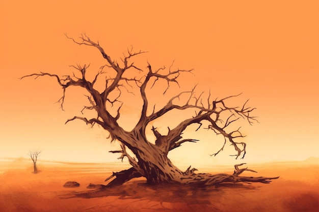 Schilderij van een dode boom in een woestijn met een zonsondergang op de achtergrond generatieve ai