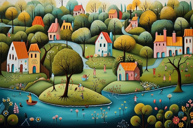schilderij van een dorp met een rivier en een rivier die er doorheen loopt generatieve ai.