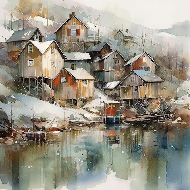 schilderij van een dorp op een besneeuwde berg met een boot in het water generatieve ai