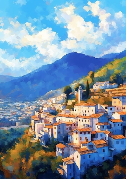 Schilderij van een dorp op een heuvel met een berg op de achtergrond generatieve ai