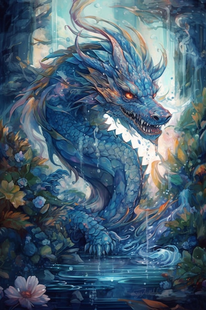 schilderij van een draak in een bos met water en bloemen generatieve ai