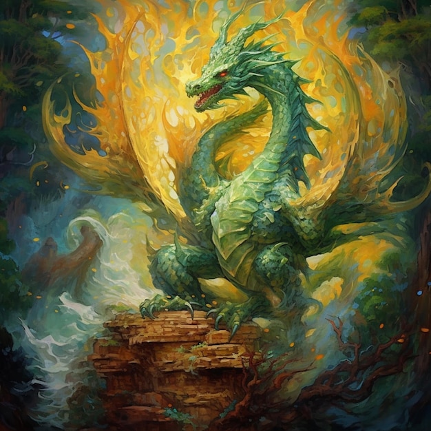 Schilderij van een draak met een gele vlam die uit zijn mond komt generatieve ai