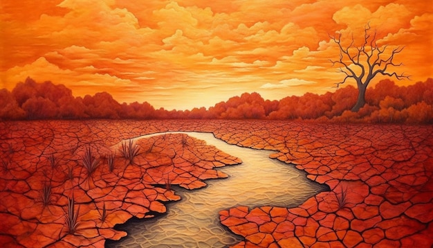 Schilderij van een droog landschap met een rivier in het midden generatief ai