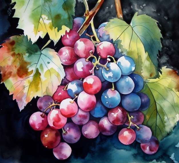 schilderij van een druiventros met bladeren op een tak generatief ai