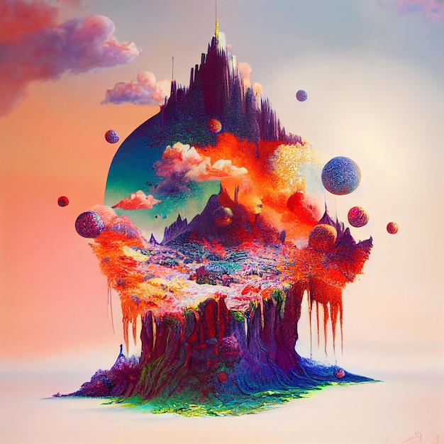 schilderij van een fantasie eiland met een kasteel en een regenboog hemel generatieve ai