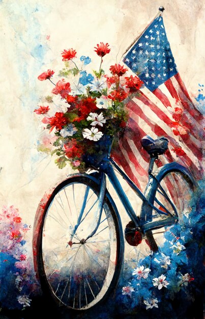 Foto schilderij van een fiets met een mandje bloemen en een amerikaanse vlag generatieve ai