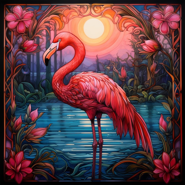 schilderij van een flamingo die in een vijver staat met een zonsondergang op de achtergrond generatieve ai