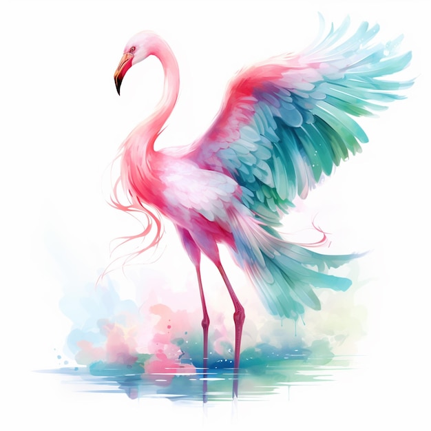 schilderij van een flamingo met uitgespreide vleugels en gespreide vleugels generatieve ai