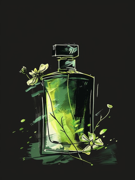schilderij van een fles parfum met bloemen op een zwarte achtergrond generatieve ai
