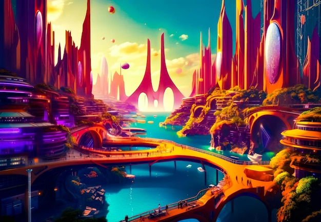 Schilderij van een futuristische stad met een rivier die er doorheen stroomt Generatieve AI
